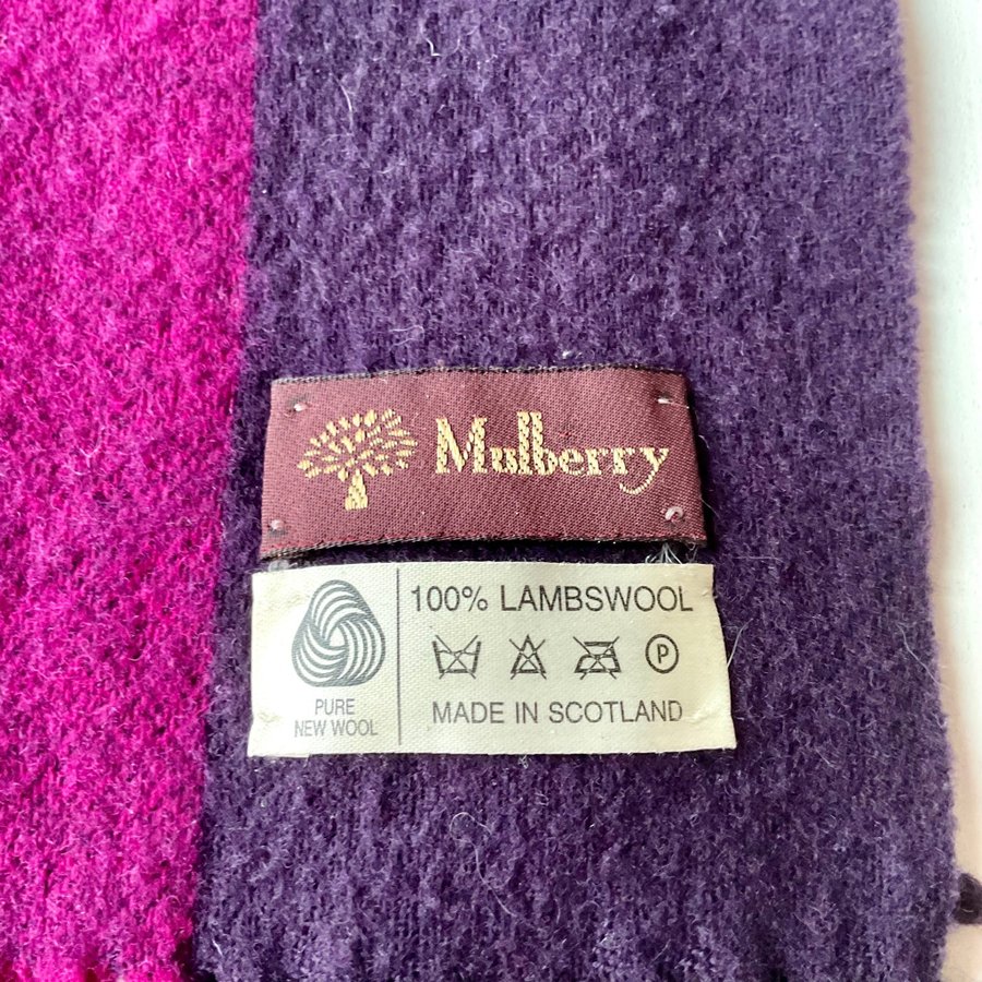 MULBERRY Wool Scarf Lila Halsduk med Cerise ränder 100% Lammull