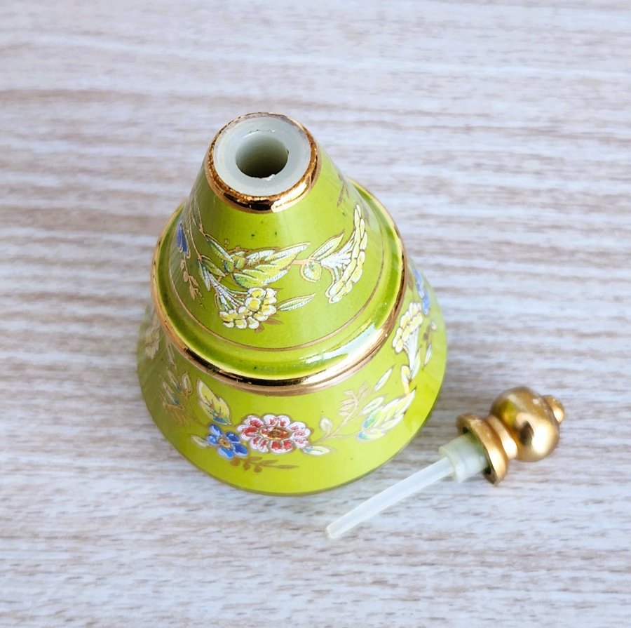 Porcelain Solid Perfume Bottle Vintage Green  Gold Ceramic Bottle with Dabber