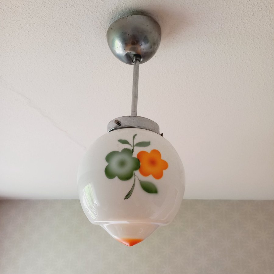 Klotlampa Taklampa Funkis Art Deco 30/40-tal Blommönster Grönt Orange Retro