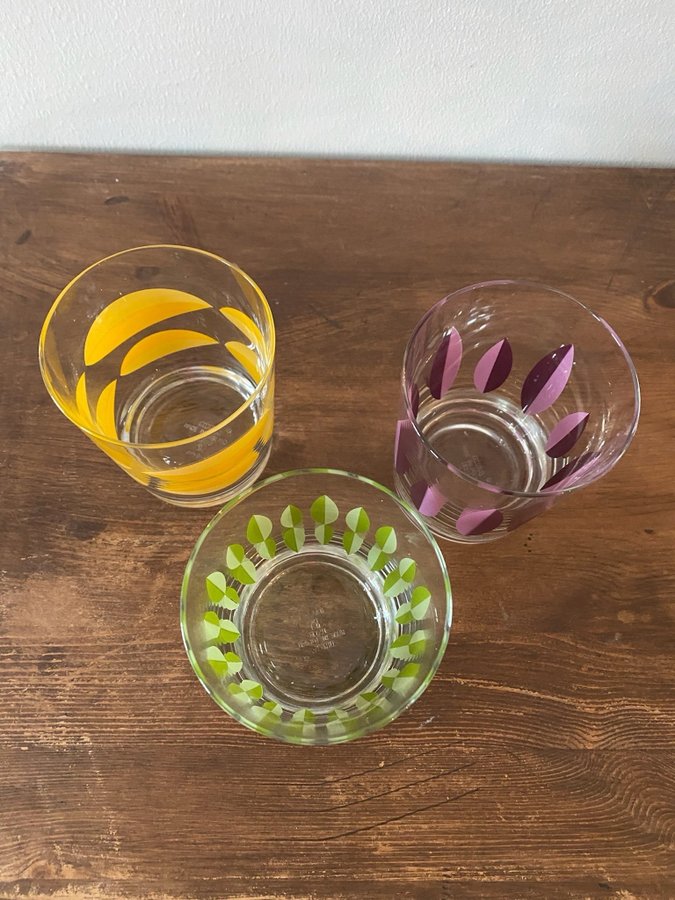 3 st glas med mönster IKEA retro vintage grön lil gul bladmotiv