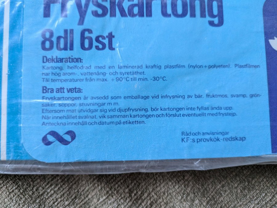 Äldre Retro fryskartong 8 dl 6 st KF oöppnat paket / sylta safta #2