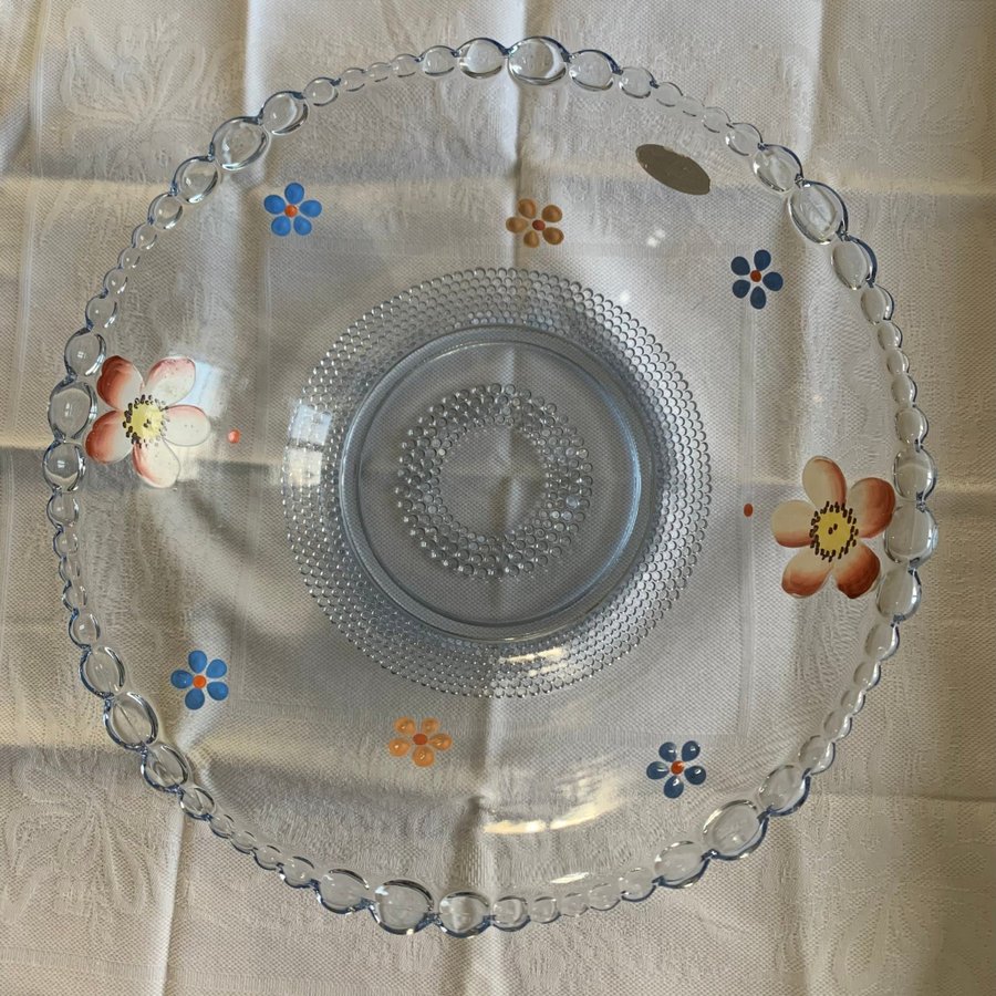 Vintage Retro Vacker äldre glasskål med blommotiv handmålat