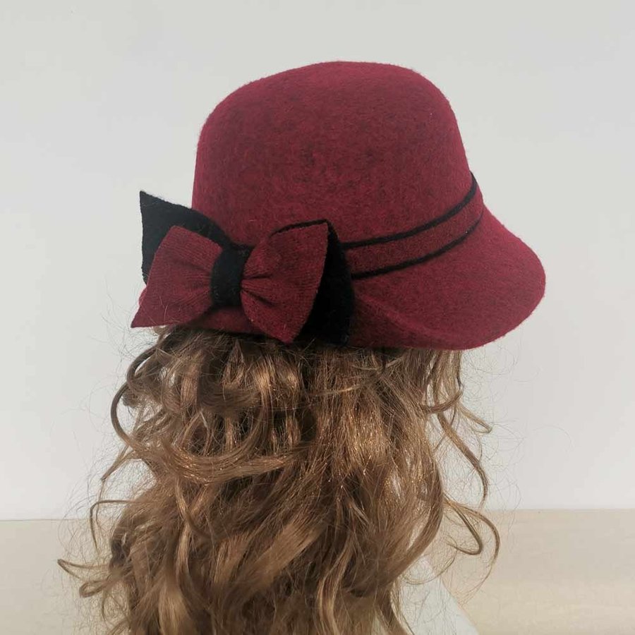 Winter Hat, Women Wool Blend Bucket Hat With Bow, Cloche Hat, Burgundy Cap