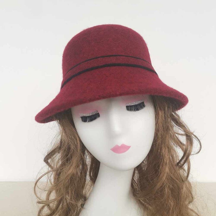 Winter Hat, Women Wool Blend Bucket Hat With Bow, Cloche Hat, Burgundy Cap