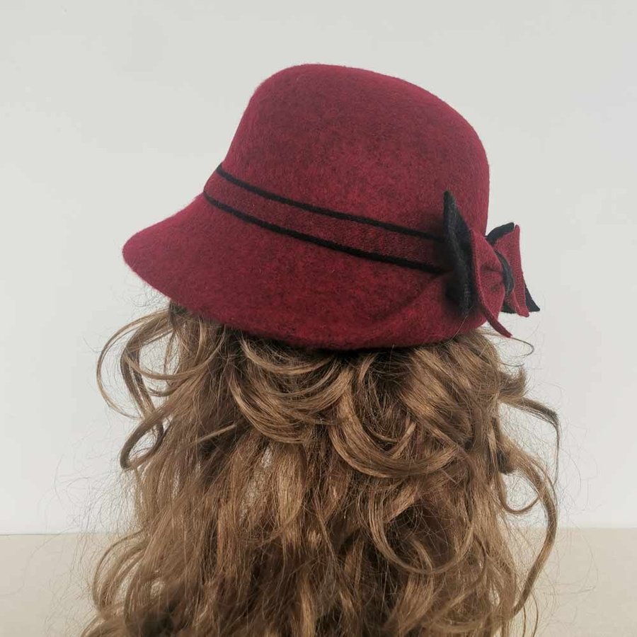 Winter Hat, Women Wool Blend Bucket Hat With Bow, Cloche Hat, Burgundy Cap