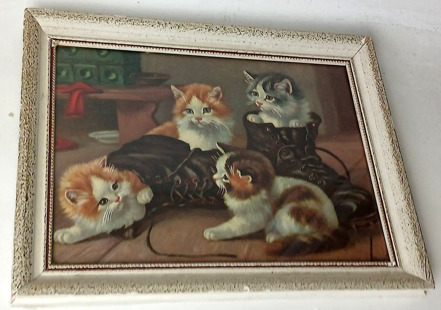 Vintage Tavla med Katter Inramad Kattbild