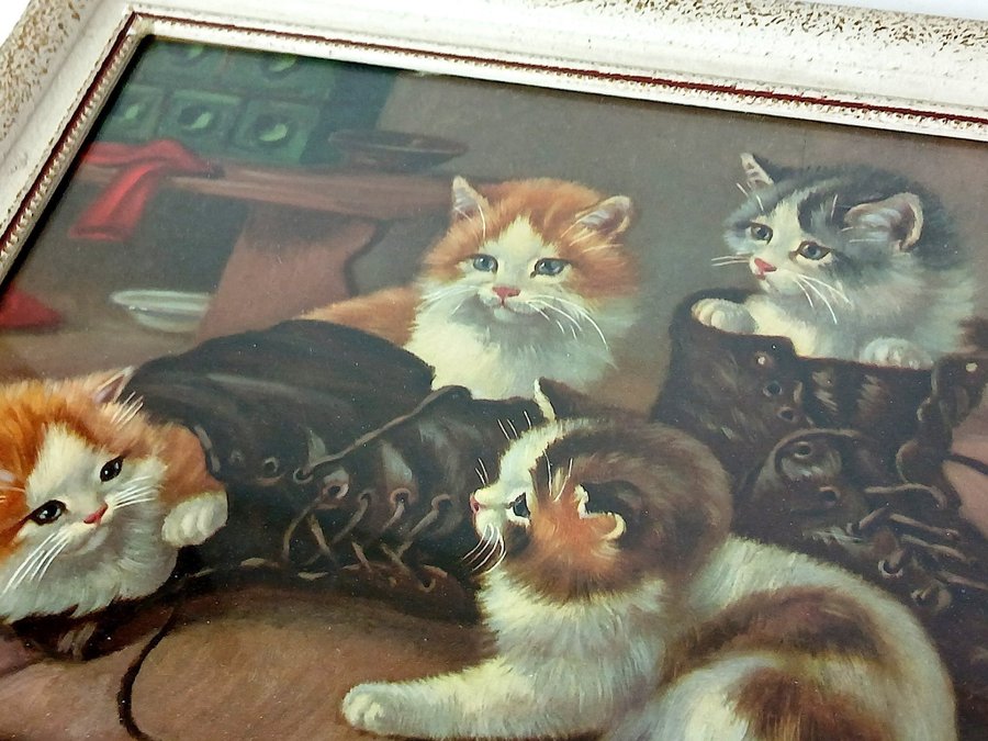 Vintage Tavla med Katter Inramad Kattbild