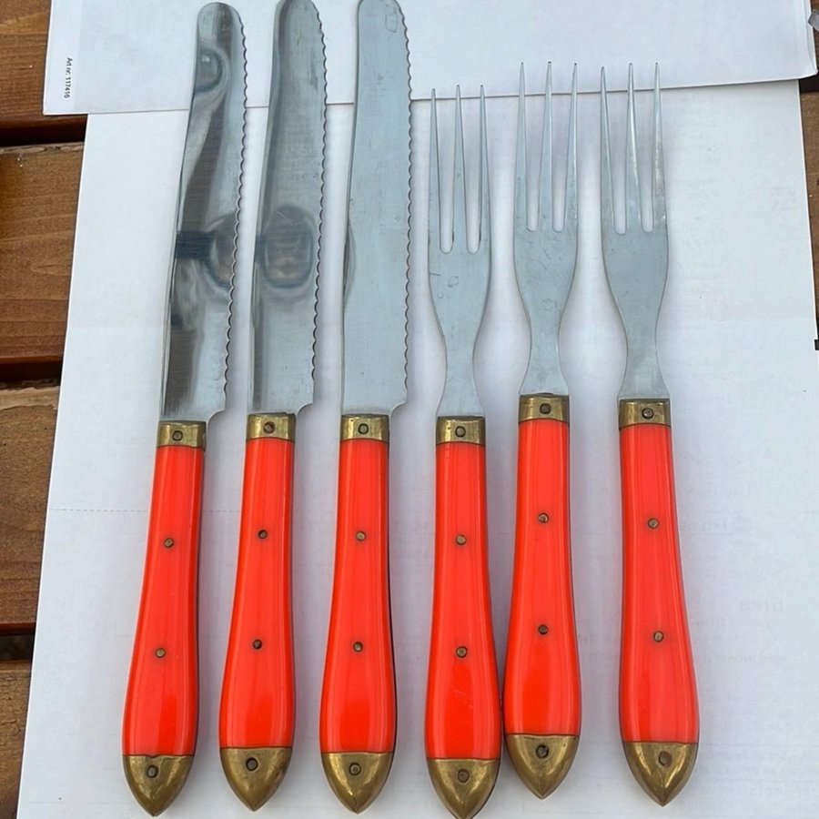 RETRO FRANSKA 6 Bestick Bord Mat Kniv 24cm Gaffel 205cm ORANGE Mässing Nitar