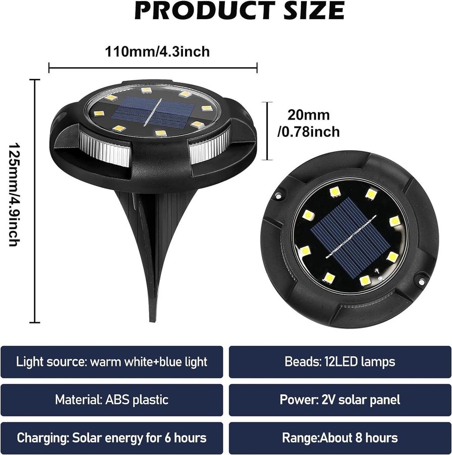 NYTT 8-pack Solcellsgolvlampor för utomhusbruk | Varmvit | 2 V 100 mA | IP65