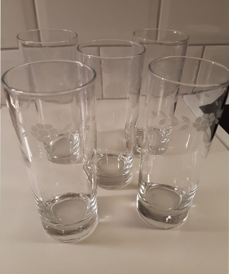 Vintage, 5 st highballglas/longdrinkglas med etsat motiv runt om