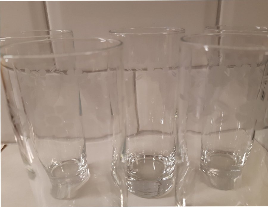 Vintage, 5 st highballglas/longdrinkglas med etsat motiv runt om