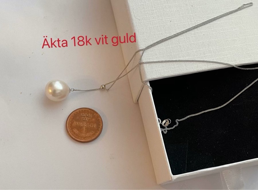 Äkta 18k vit guld med äkta pärla halsband