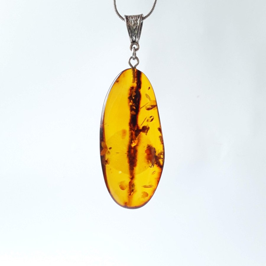 Brown raw Baltic amber gem pendant with silver color chain, Brown amber jewelry