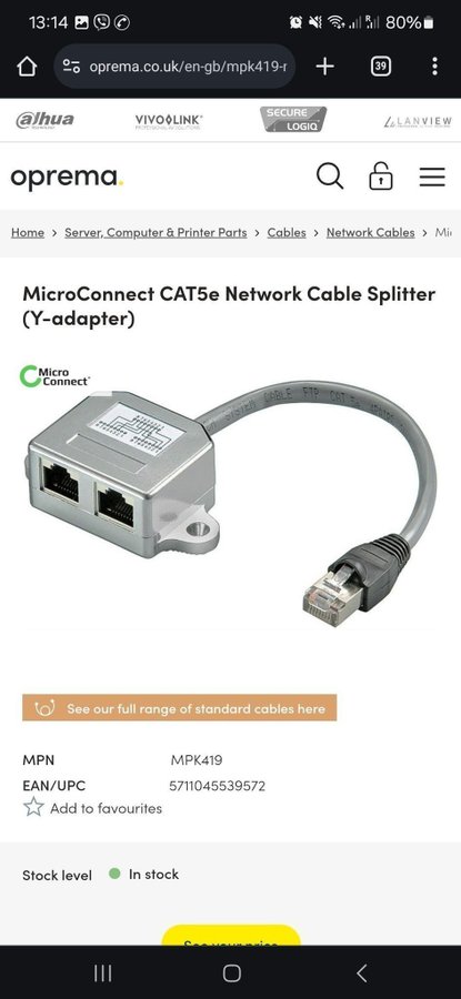 MicroConnect CAT5e Network Cable Splitter (Y-adapter)