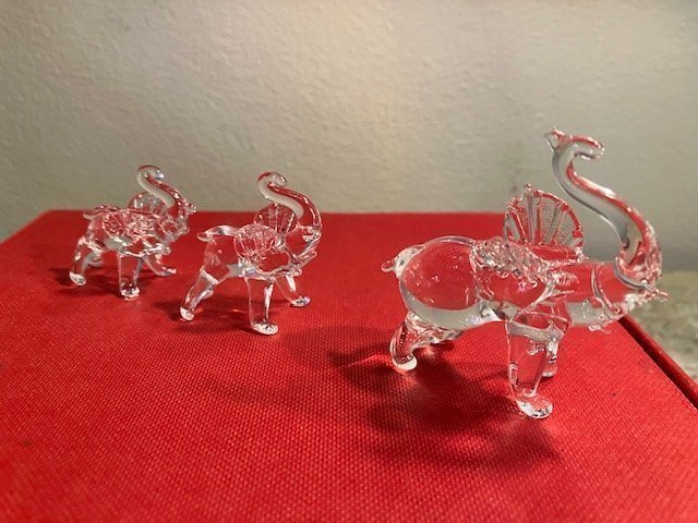 5 st miniatyr elefanter i glas i en box