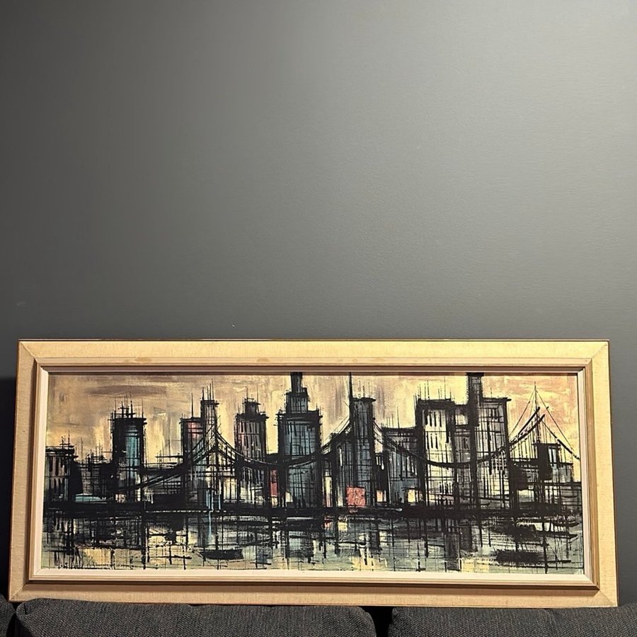 Vintage 60s Abstract Cityscape Landscape Bridge Lithograph