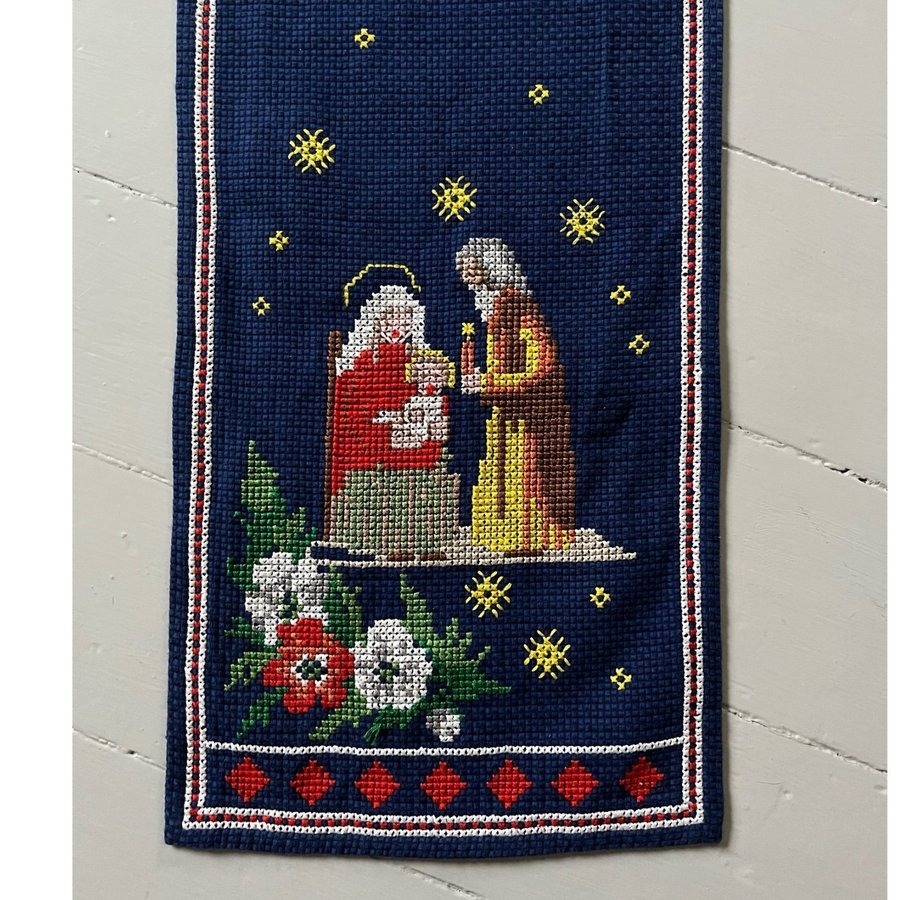 HANDBRODERAD julduk, löpare, julpynt, handarbete, Jesus, Maria