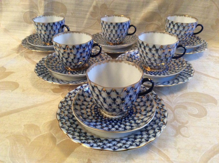 Lomonosov Cobalt net USSR porslin 6 kaffe trio