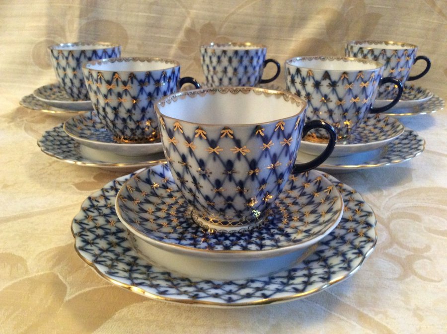 Lomonosov Cobalt net USSR porslin 6 kaffe trio