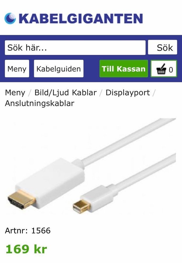 Displaykabel HDMI - mini DisplayPort vit 1 meter