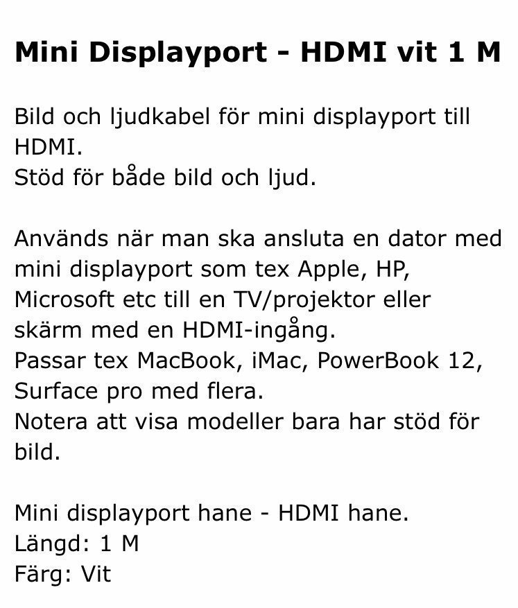 Displaykabel HDMI - mini DisplayPort vit 1 meter