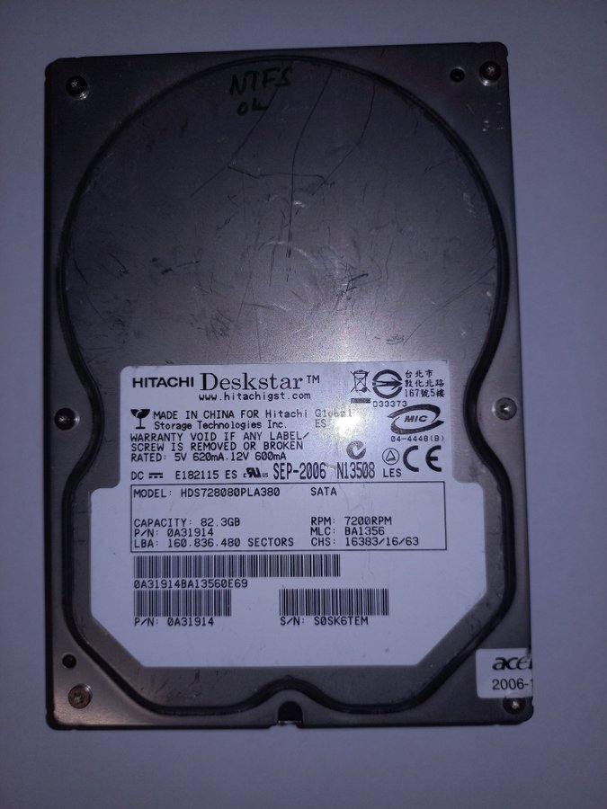 Hitachi Deskstar HDS728080PLA380 SATA 82 GB 3.5" Serial-ATA/300 -SATA- Testad OK