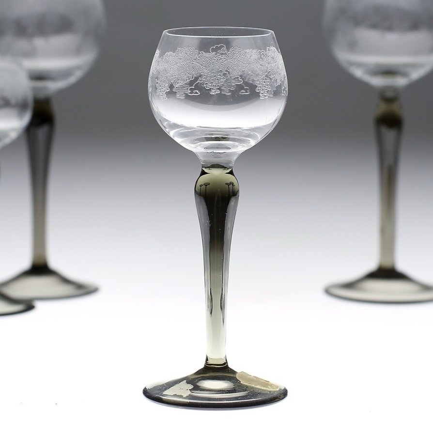 6 x glas Vinglas Remmare Grå fot Vinranka 70-tal RETRO Bohemia Czechoslovakia