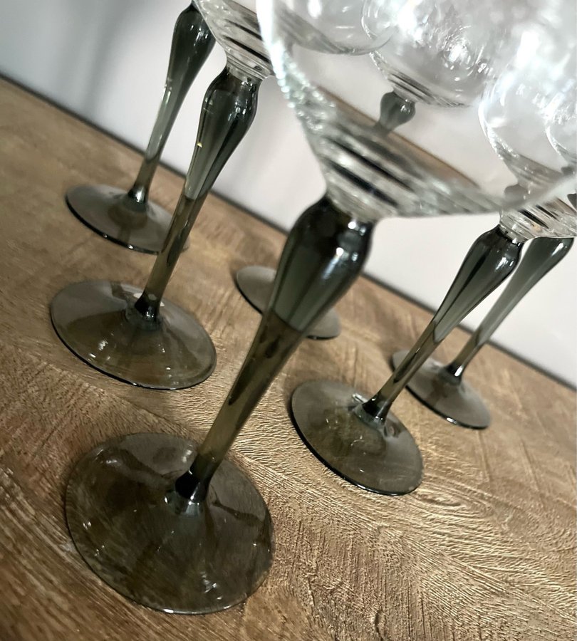 6 x glas Vinglas Remmare Grå fot Vinranka 70-tal RETRO Bohemia Czechoslovakia