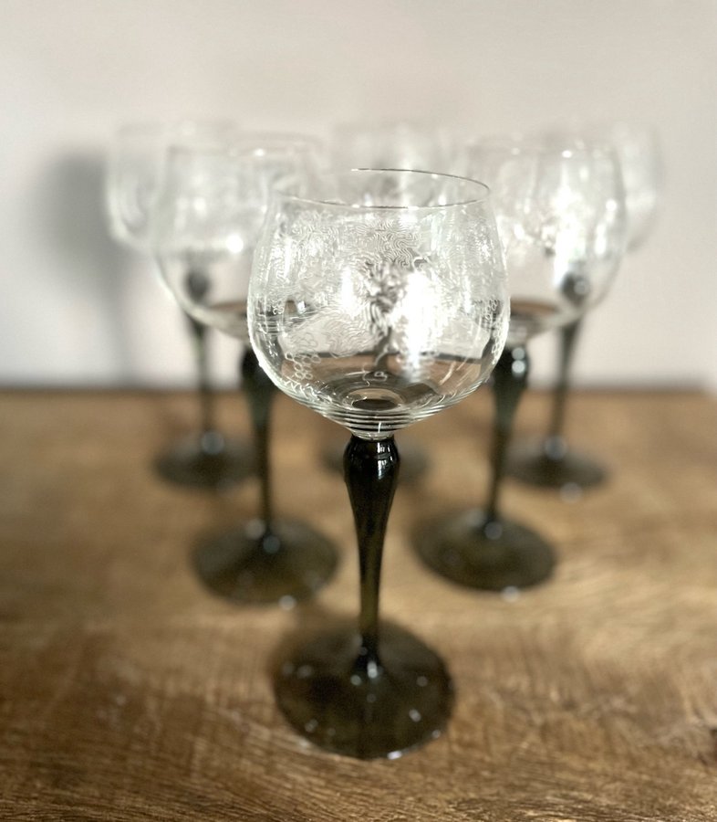 6 x glas Vinglas Remmare Grå fot Vinranka 70-tal RETRO Bohemia Czechoslovakia