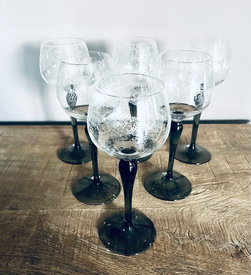 6 x glas Vinglas Remmare Grå fot Vinranka 70-tal RETRO Bohemia Czechoslovakia