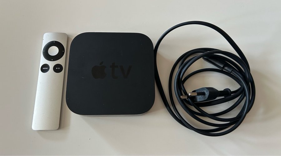 Apple TV generation 3 med strömsladd och fjärrkontroll