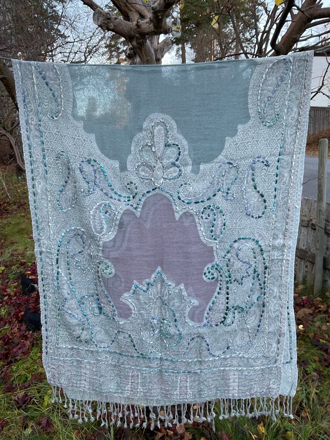 Ny Handbroderad Sjal Halsduk av 100% Kokt Ull från Nepal, ca 200 x 75 cm No.9