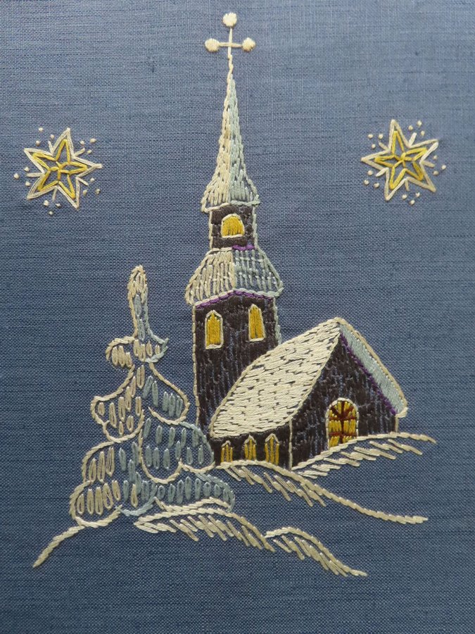 Äldre Handbroderad Julbonad Änglar Kyrka NIAB? Retro