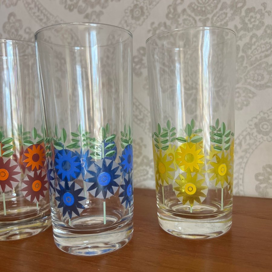 Retro Reims France saftglas • Blommor Blommiga Glas Dricksglas Vintage Drink