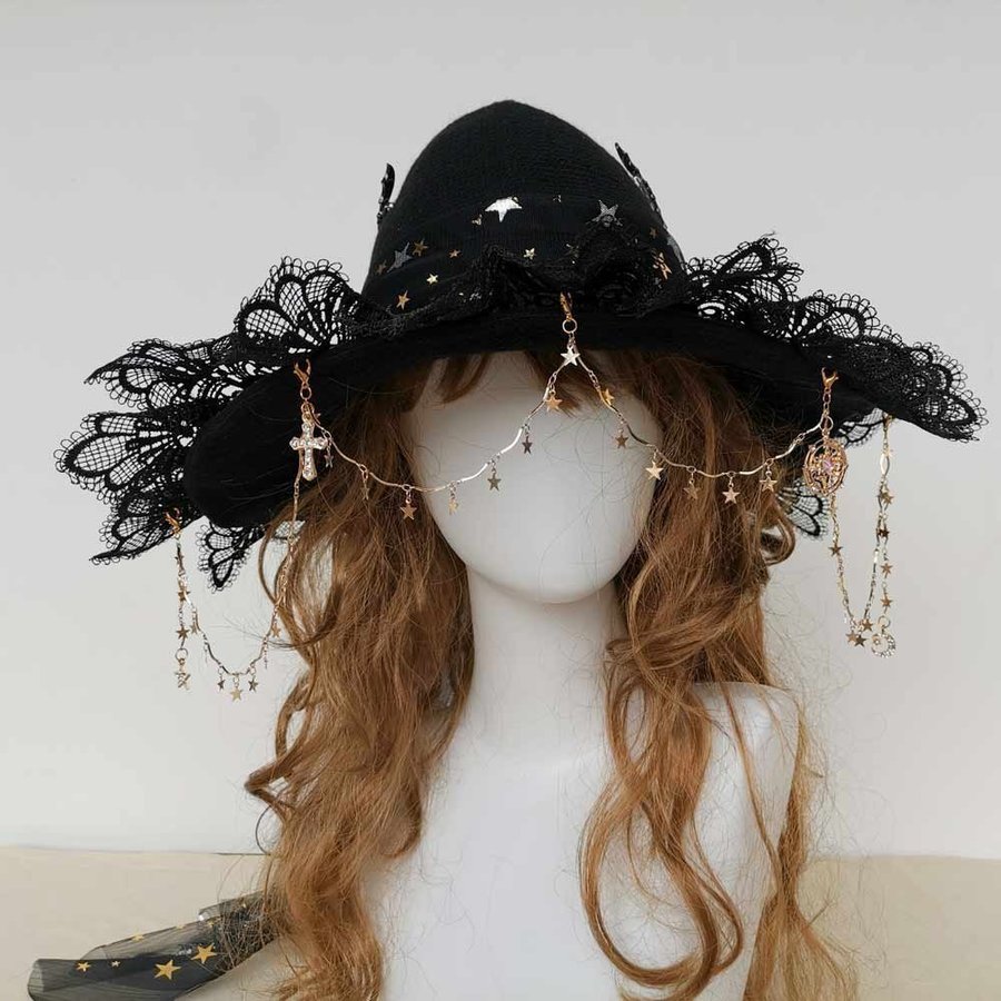 Handmade black wool blend witch hat with bow. Crochet Halloween wizard hat