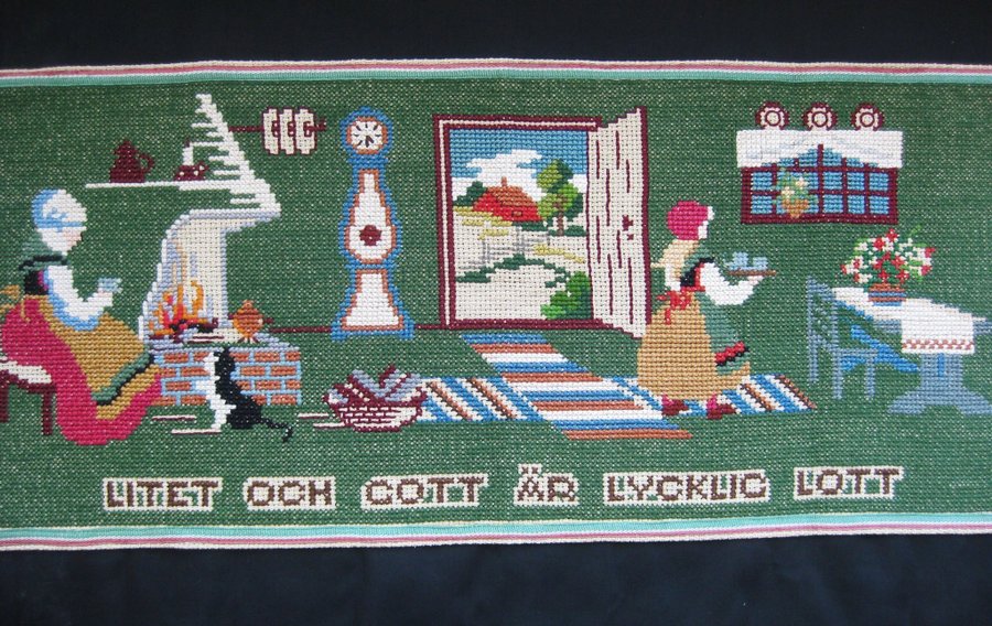 Väggbonad äldre Jute Aidaväv Handbroderad Hantverk Allmoge text: LITET OCH GOTT