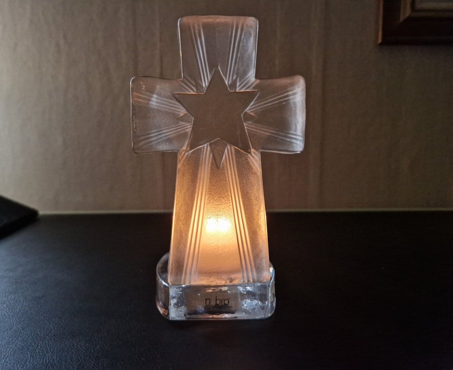 Ljuslykta lykta i glas kors julstjärna Nybro glasbruk, JUL ADVENT RETRO