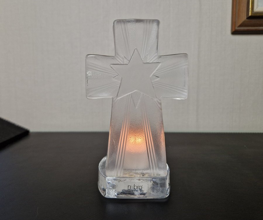 Ljuslykta lykta i glas kors julstjärna Nybro glasbruk, JUL ADVENT RETRO