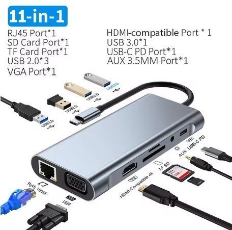 11-i-1 USB-C Hub med HDMI, VGA, RJ45, SD/TF-kortläsare