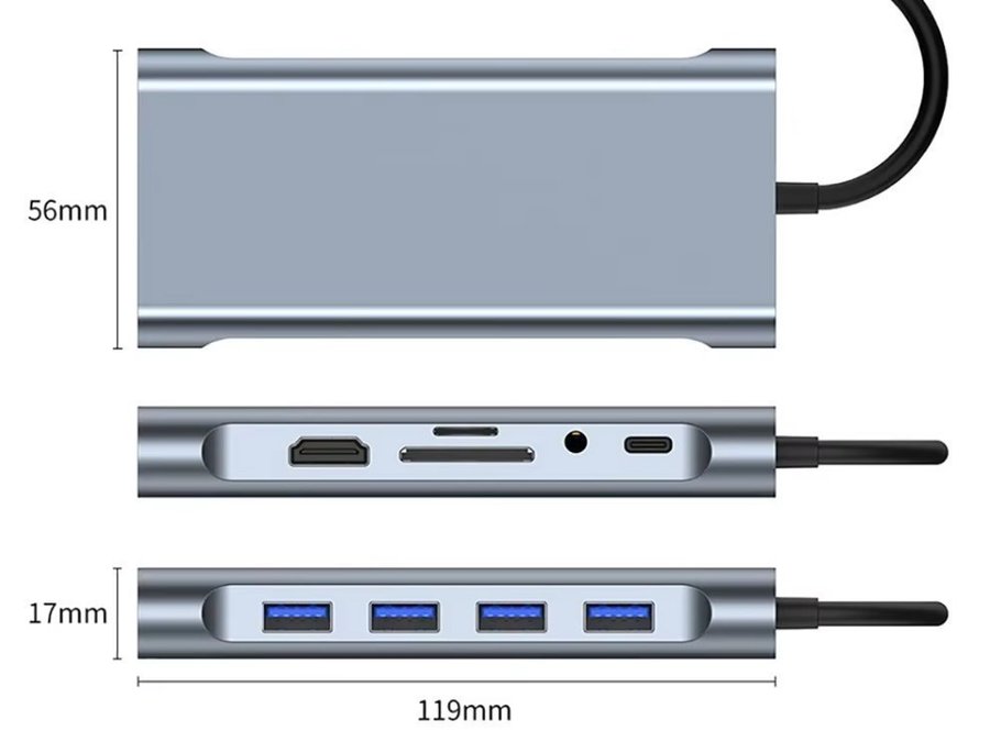 11-i-1 USB-C Hub med HDMI, VGA, RJ45, SD/TF-kortläsare