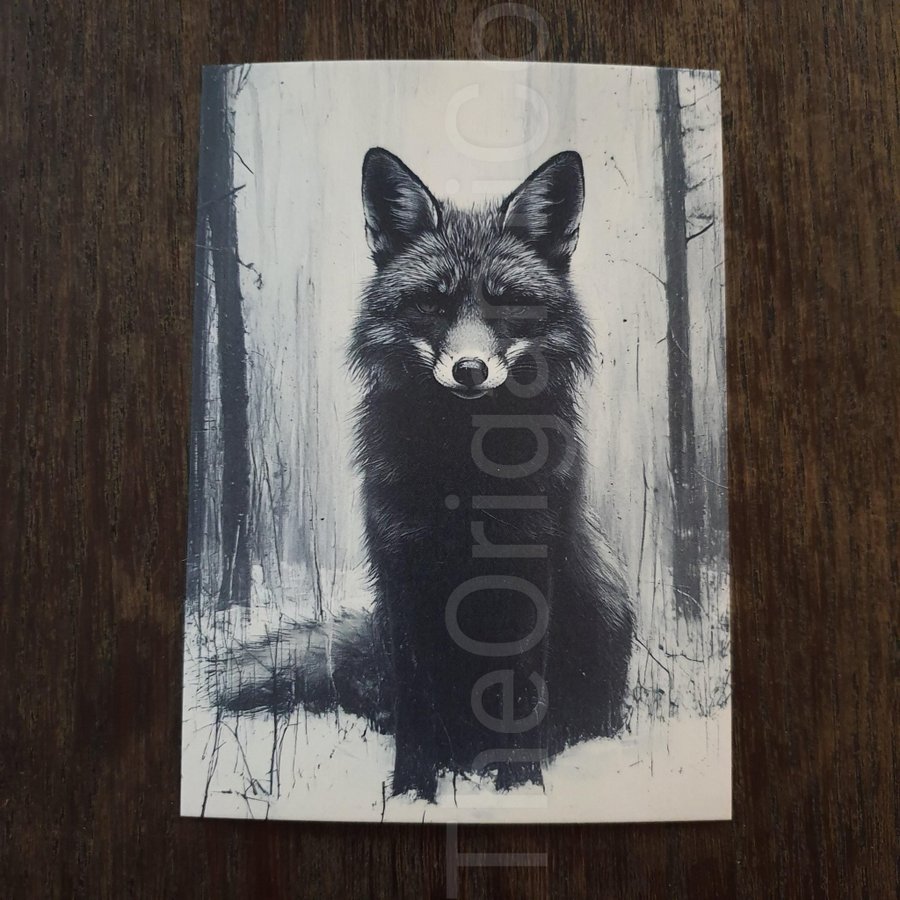 Black and White Small (A6) Printed Card Black Winter Fox (No Frame)