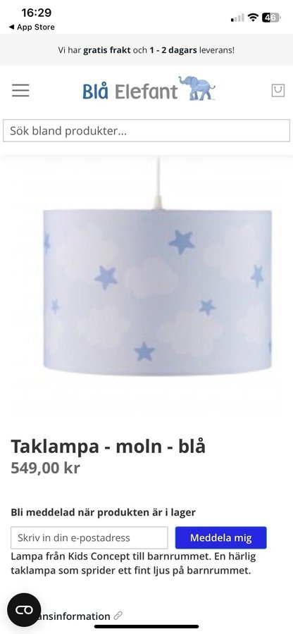 Barnrumslampa - moln - blå