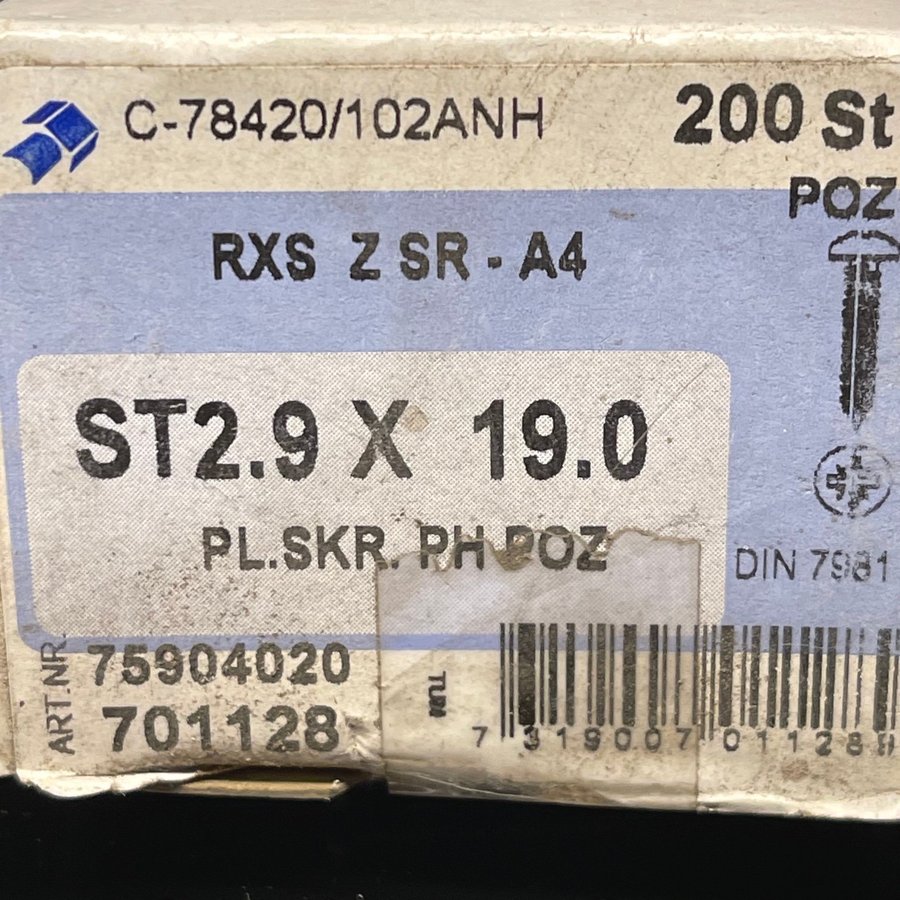 Skruv 2.9x19 Rostfri A4, 200st, POZ1, Ny i förpackning