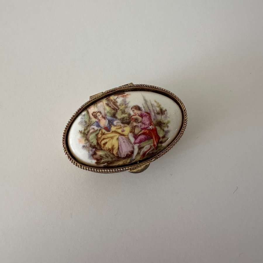 Antique/ Vintage French Pill Box Ceramic Porcelain and Metal