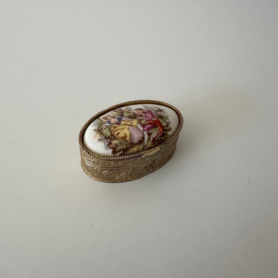 Antique/ Vintage French Pill Box Ceramic Porcelain and Metal