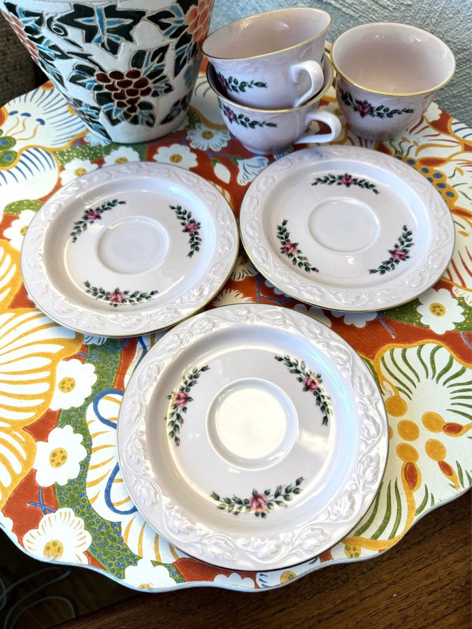 6 delar Vintage Rosa färg Blommig mönster Relief Kaffekopp fat servis NYSKICK