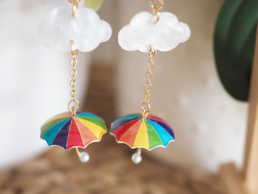 Rainbow umbrella earring - Rainy day earrings