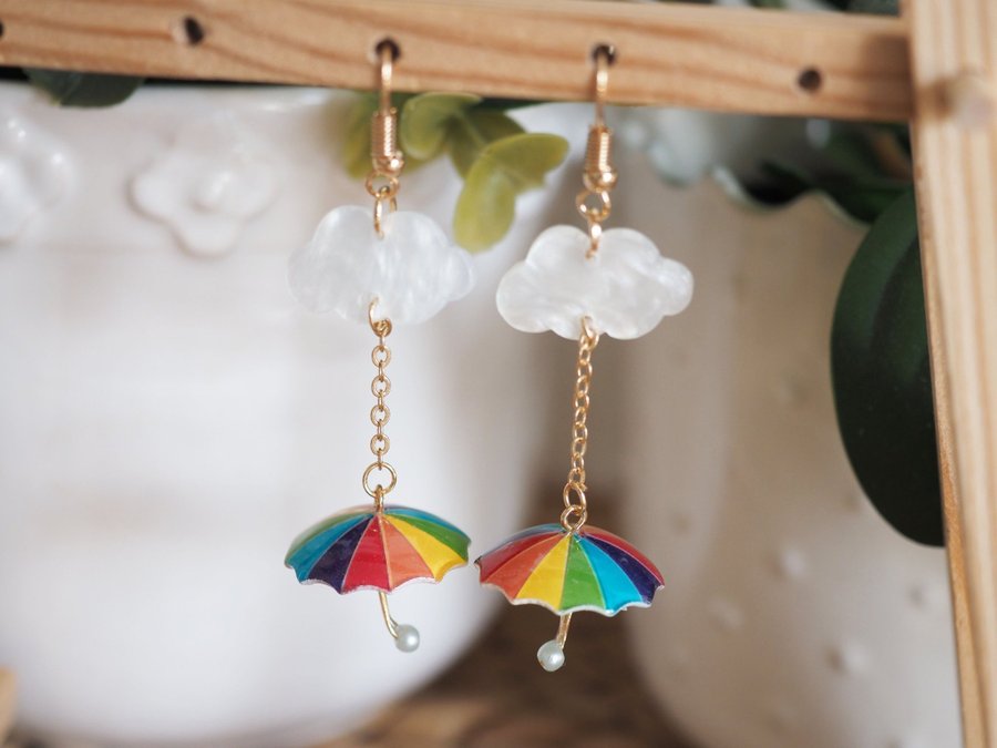 Rainbow umbrella earring - Rainy day earrings