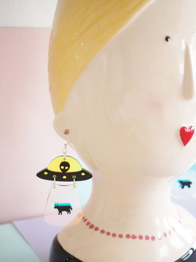 UFO kidnapping cow earrings