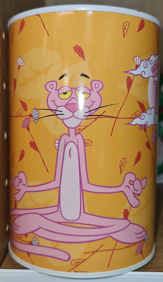 Spargris Pink Panther. Plåtburk. Liten buckla.